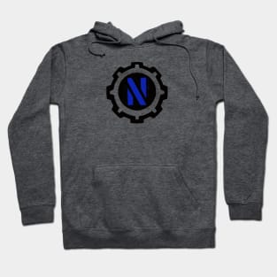 Blue Letter N in a Black Industrial Cog Hoodie